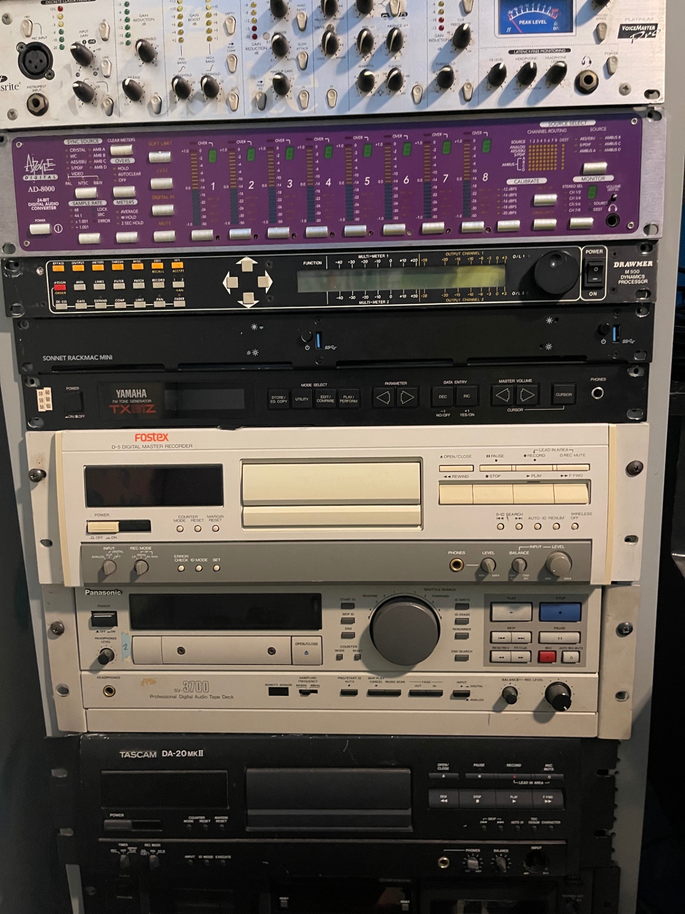 Multi-vendor Outboard Rack — Apogee / Drawmer / Yamaha / Fostex / Panasonic / Tascam